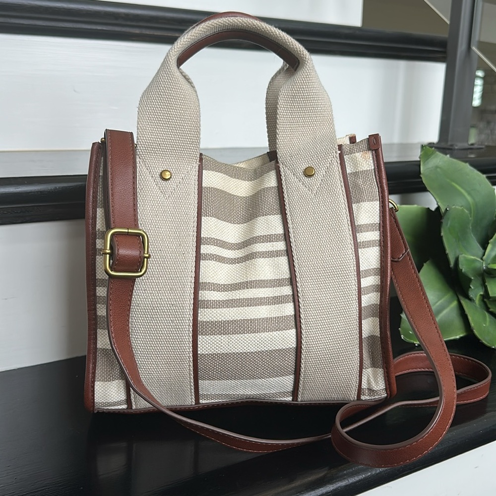 Fossil Beige and Brown Striped Tote Bag